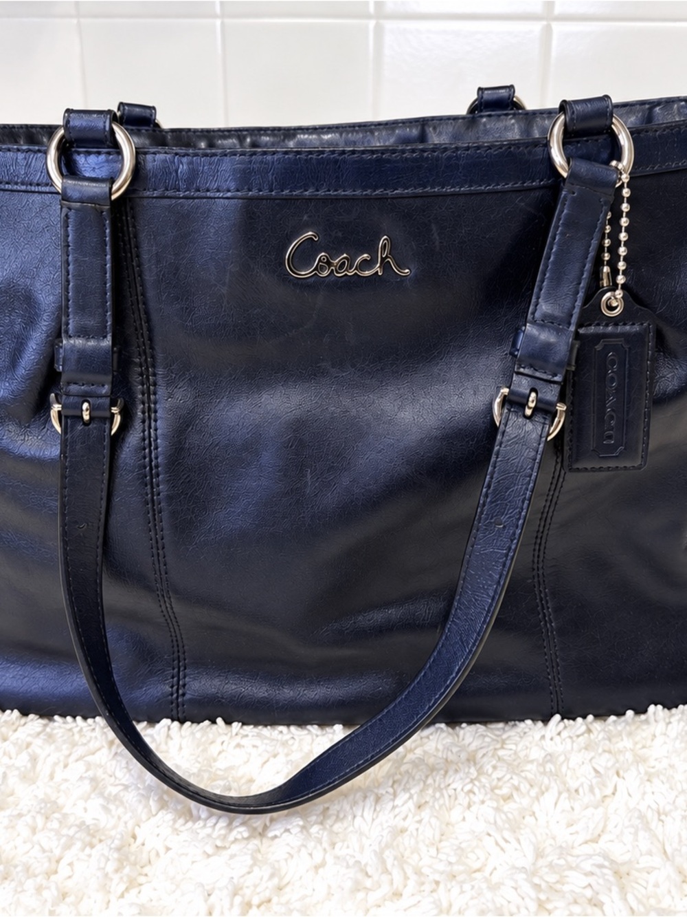 Coach Navy Blue Leather Shoulder Tote - Picture 2 of 7